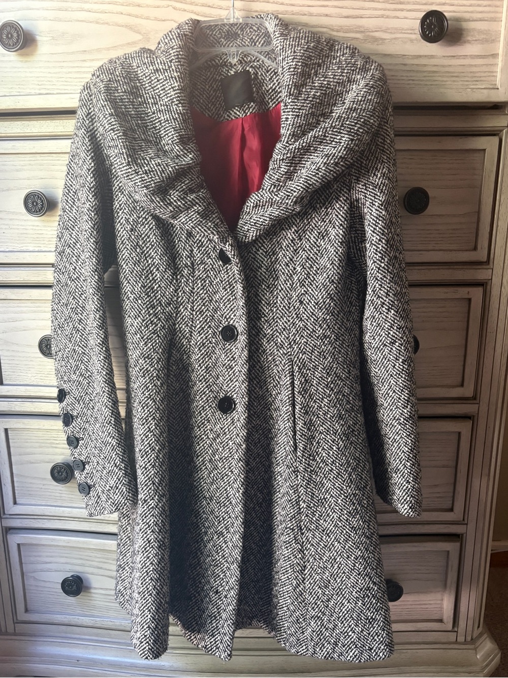 Express Vintage Wool Blend Herringbone Cowl Drape Collar Trench Pea Coat Y2K XS